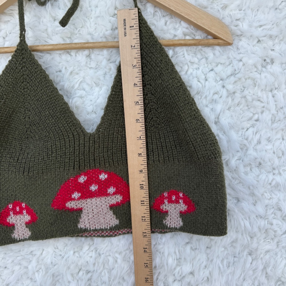 Red Mushrooms Knit Sweater Halter Top Olive Green Crop Size Large Fairycore y2K - Picture 5 of 7